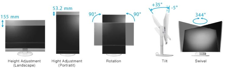 Réglages ergonomiques de l'écran EIZO FlexScan : hauteur, rotation, inclinaison, pivotement