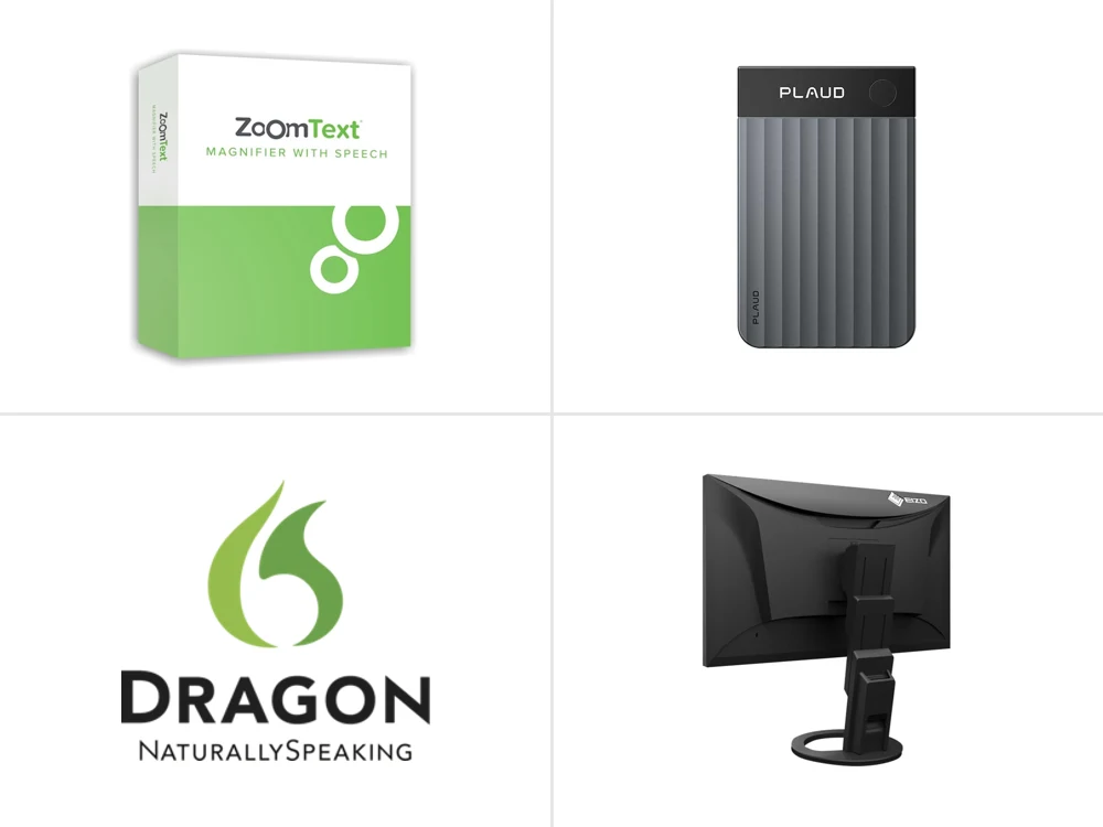 Aides visuelles et auditives : ZoomText, PLAUD Note Pro, Dragon Professional, écran EIZO FlexScan